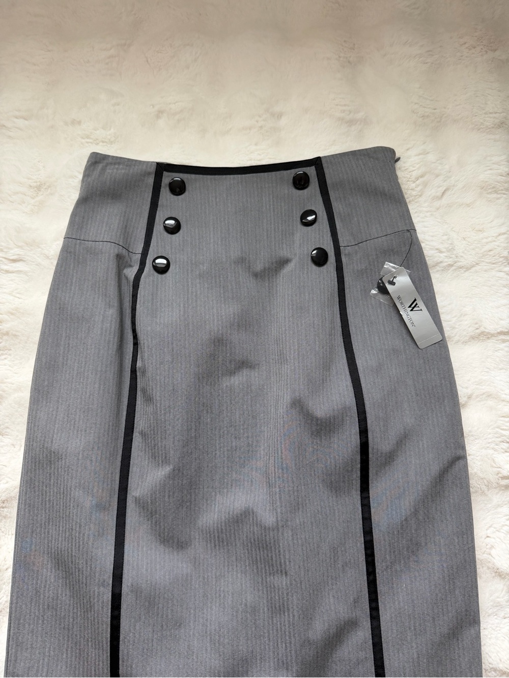 Victorian Style Worthington High Waist Midi Gray Pencil Skirt with Black Trim-8 - Picture 4 of 15
